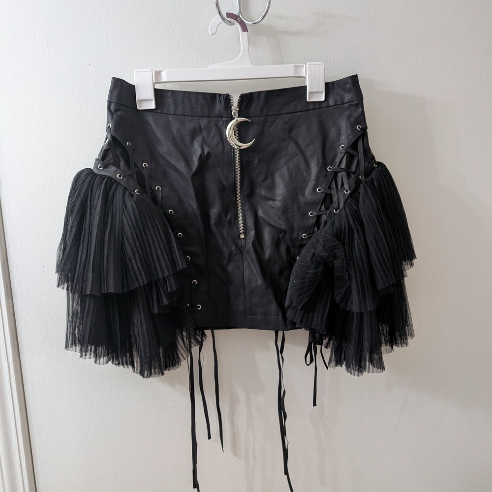 Livia Waxed Skirt Edgy Black Mini Skirt with Ruffle Details